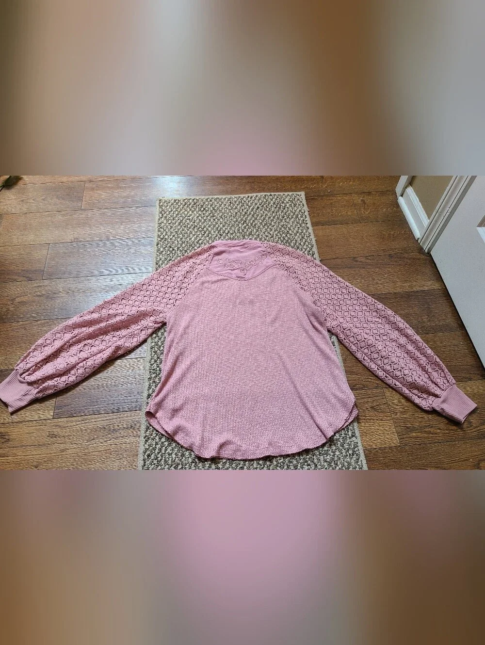 Free People Sweetest Thing Lace Sleeve Embroidered Thermal Top Med